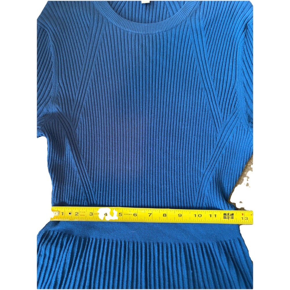 Ann Mashburn Blue Ribbed Knit Sweater Dress Large Fit Flare Designer Work Event - Picture 5 of 11